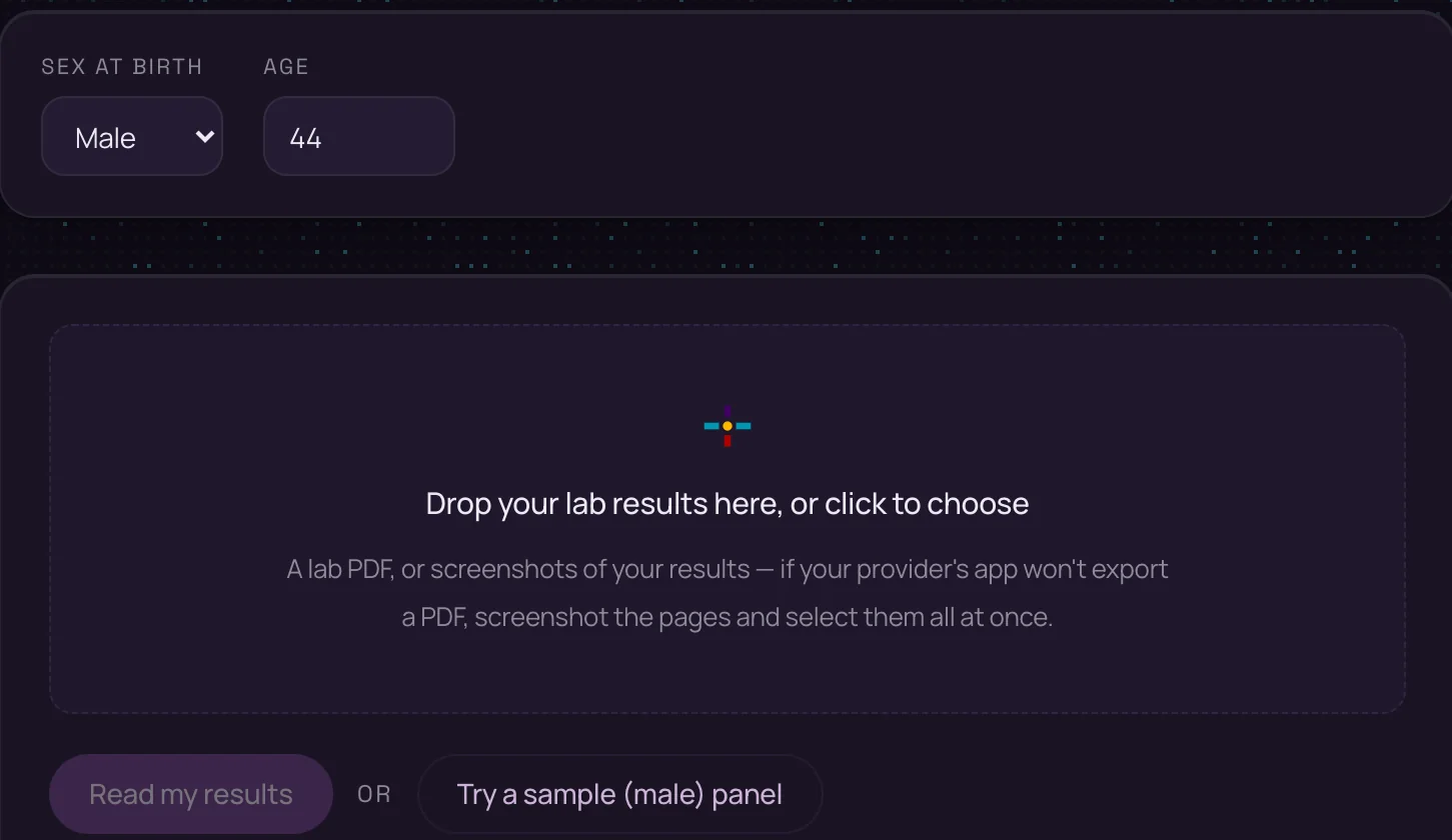 The upload screen: sex at birth, age, and 'Drop your lab results here, or click to choose' — a lab PDF or screenshots of your results